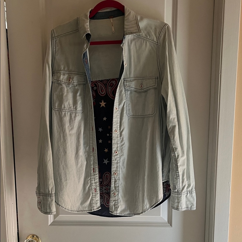 Free People Blue and Cream Button Down Shirt